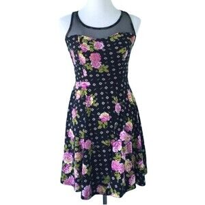Black Mesh Yoke Sleeveless Floral Fit & Flare Dress Size medium